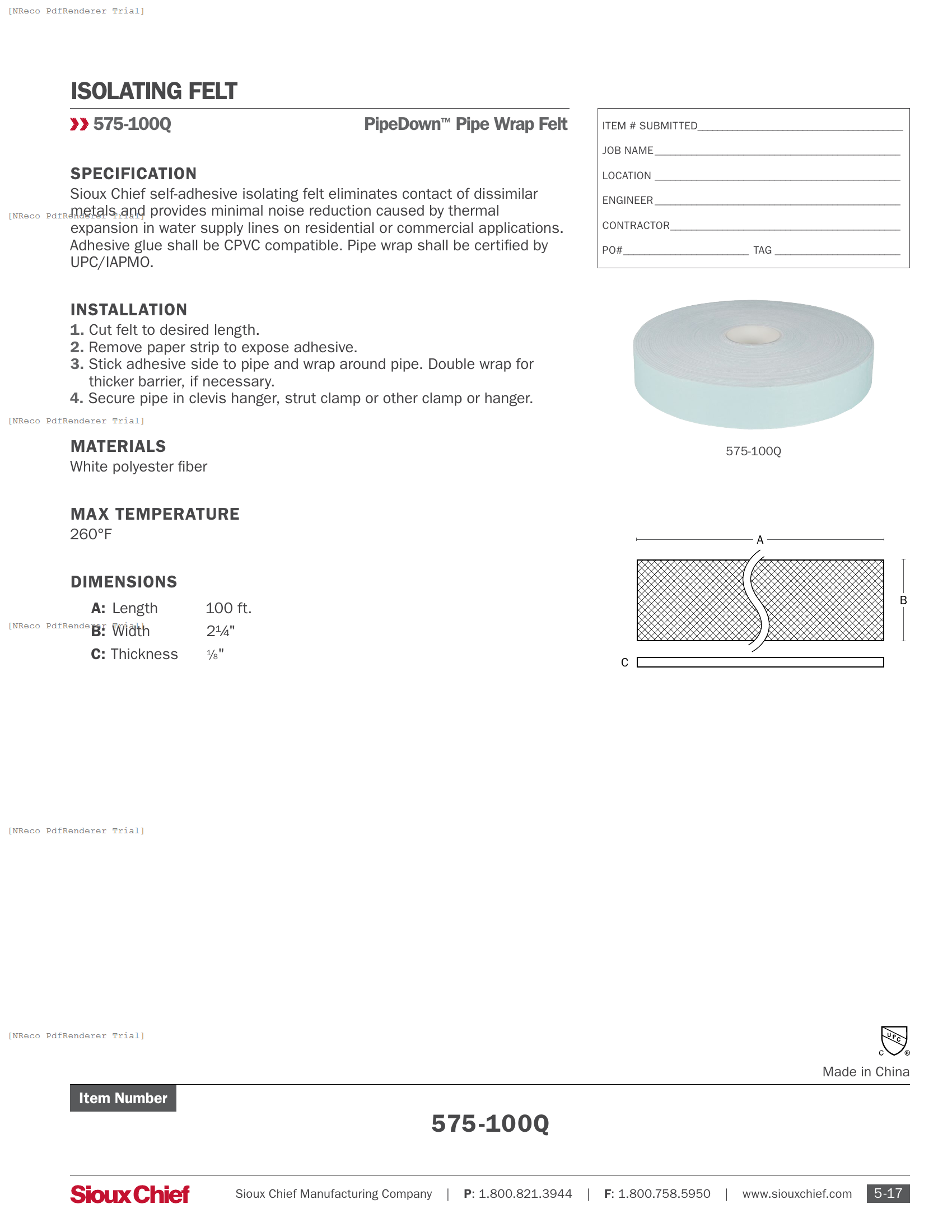 575-100Q - PIPEDOWN ISOLATING FELT - SPEC SHEET.PDF Specification Document